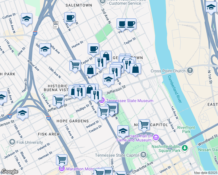 map of restaurants, bars, coffee shops, grocery stores, and more near 1104 7th Avenue North in Nashville