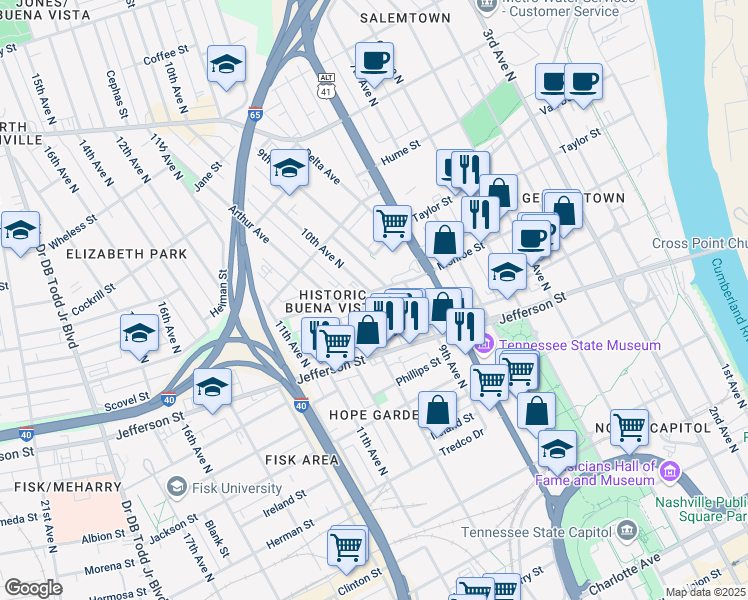 map of restaurants, bars, coffee shops, grocery stores, and more near 916 Scovel Street in Nashville