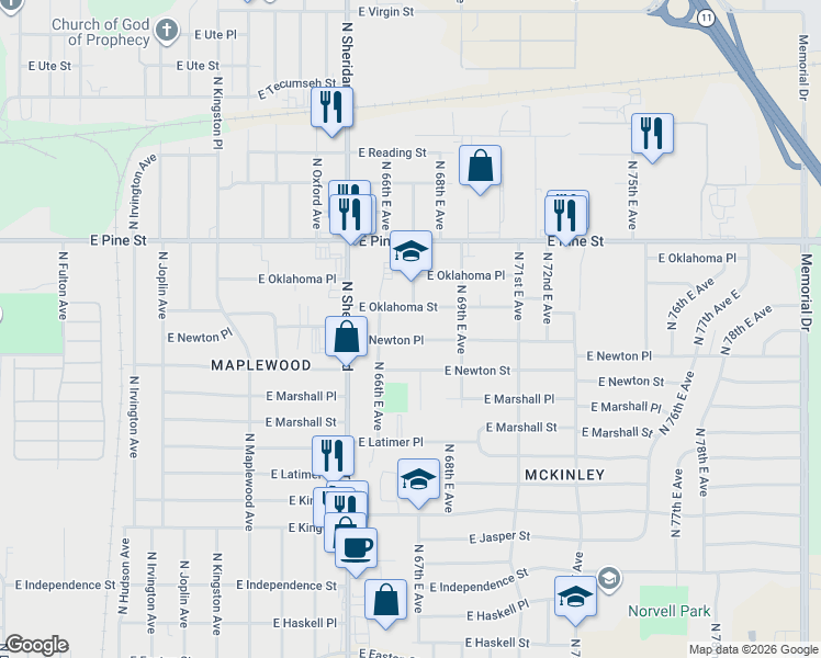 map of restaurants, bars, coffee shops, grocery stores, and more near 6615 East Newton Place in Tulsa