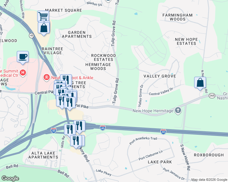 map of restaurants, bars, coffee shops, grocery stores, and more near 1322 Tulip Grove Road in Nashville