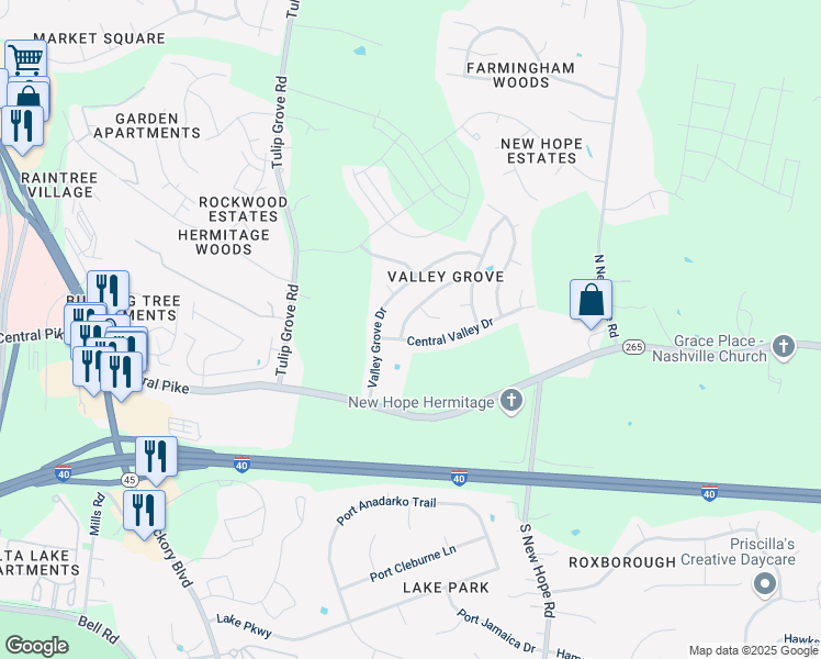 map of restaurants, bars, coffee shops, grocery stores, and more near 4404 Gina Brooke Drive in Nashville