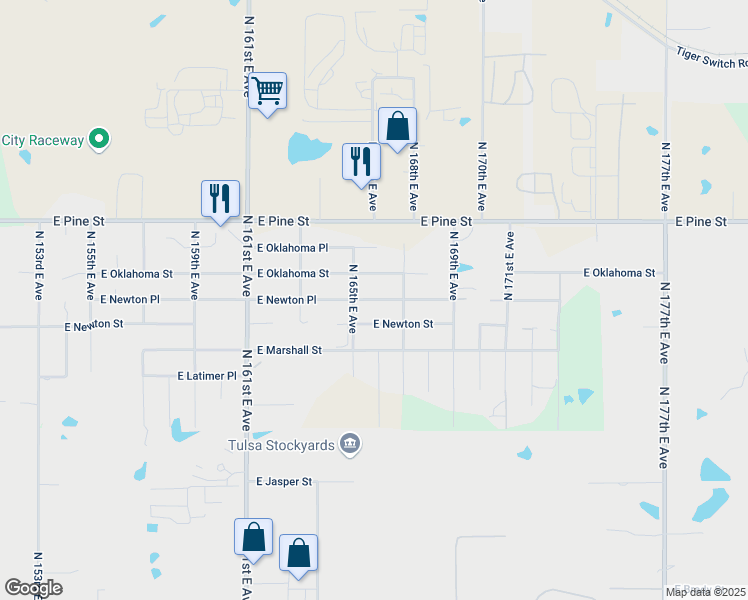 map of restaurants, bars, coffee shops, grocery stores, and more near 16600 East Newton Place in Tulsa