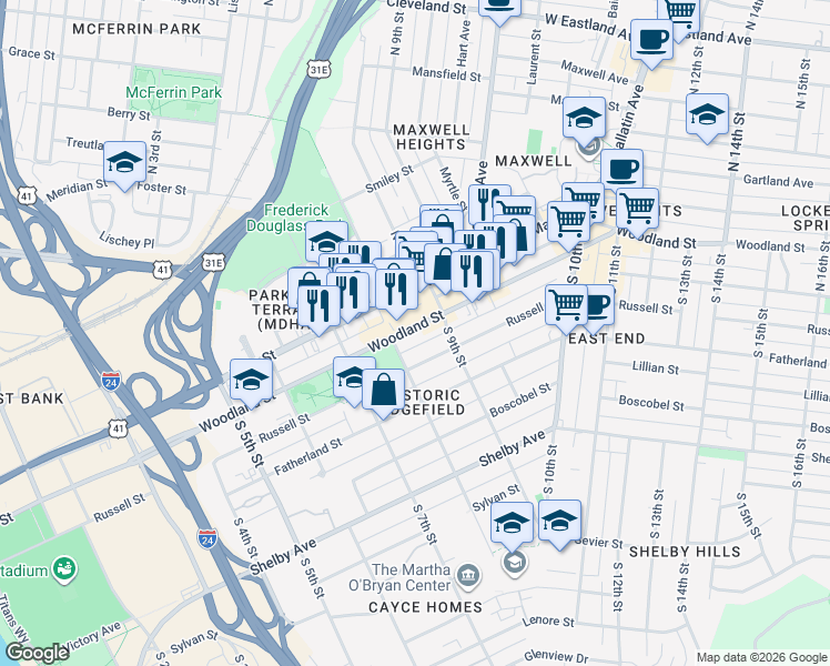 map of restaurants, bars, coffee shops, grocery stores, and more near 800 Woodland Street in Nashville