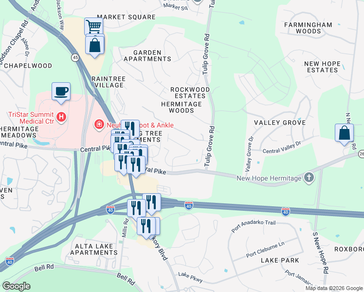 map of restaurants, bars, coffee shops, grocery stores, and more near 1322 Tulip Grove Road in Nashville
