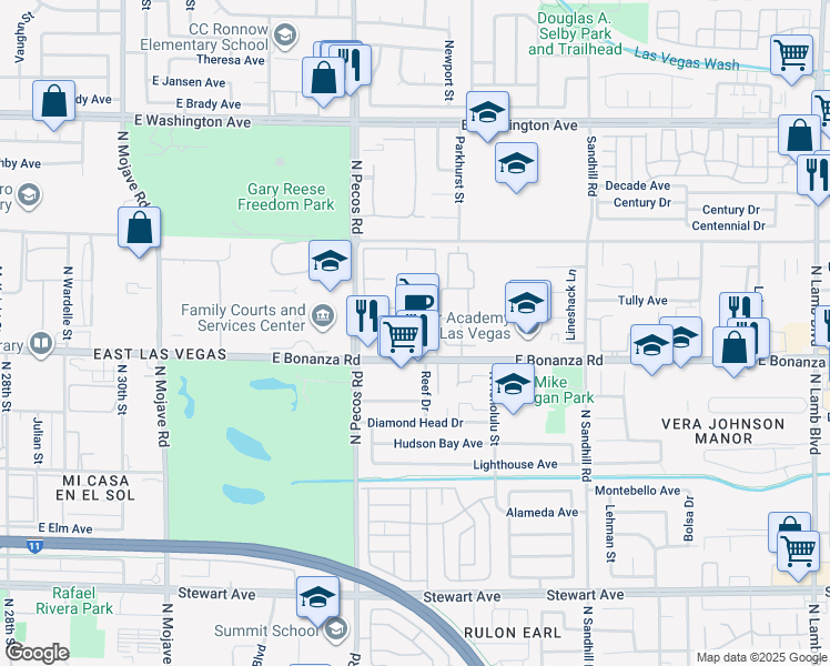 map of restaurants, bars, coffee shops, grocery stores, and more near 3602 East Bonanza Road in Las Vegas