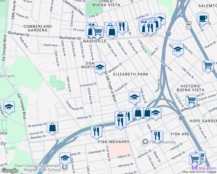 map of restaurants, bars, coffee shops, grocery stores, and more near 1905B Formosa Street in Nashville