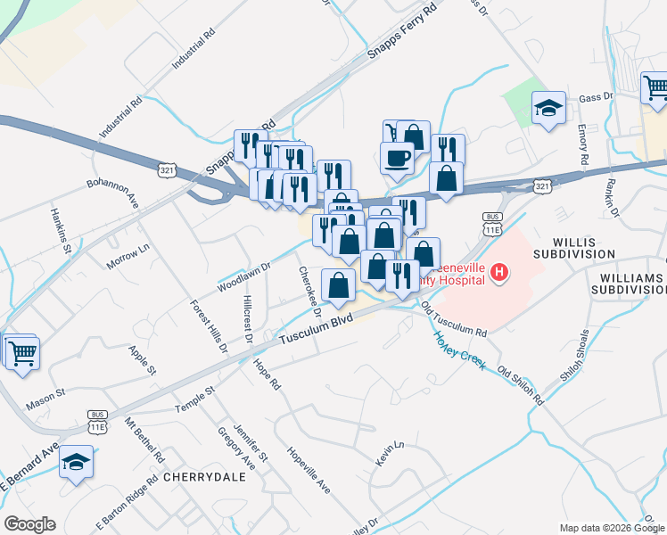 map of restaurants, bars, coffee shops, grocery stores, and more near 402 Circle Heights Drive in Greeneville