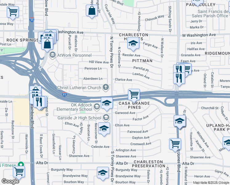 map of restaurants, bars, coffee shops, grocery stores, and more near 110 North Torrey Pines Drive in Las Vegas
