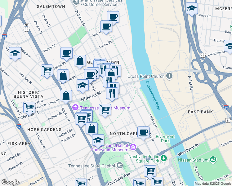 map of restaurants, bars, coffee shops, grocery stores, and more near 1018 4th Avenue North in Nashville