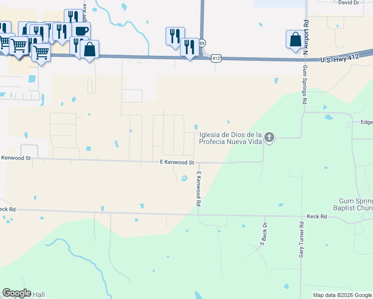 map of restaurants, bars, coffee shops, grocery stores, and more near 3950 County Road 185 in Siloam Springs