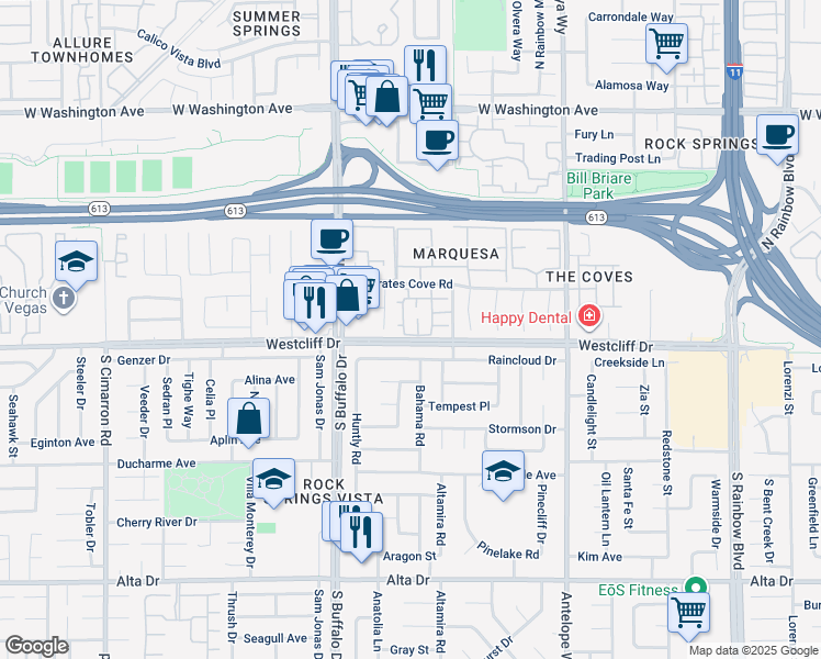 map of restaurants, bars, coffee shops, grocery stores, and more near 101 Luna Way in Las Vegas