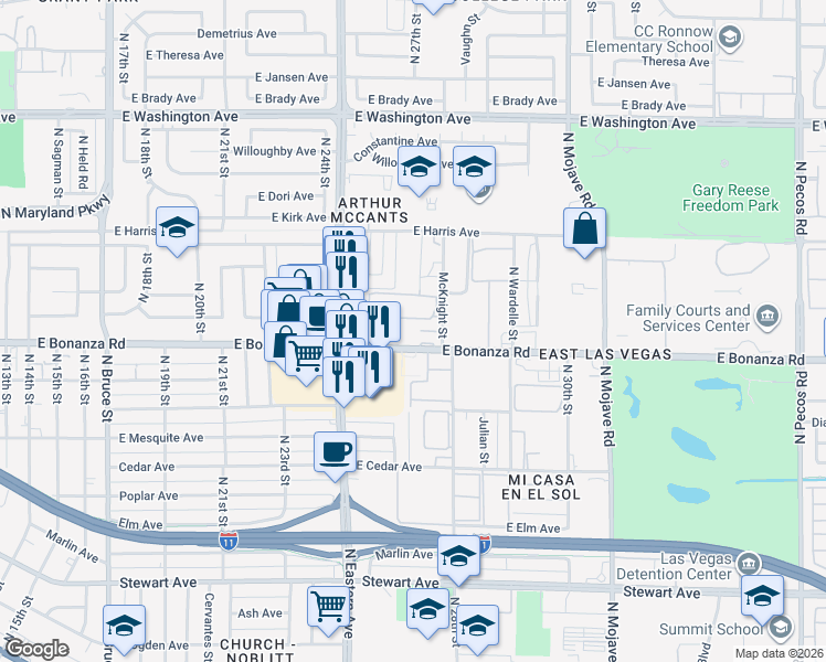 map of restaurants, bars, coffee shops, grocery stores, and more near 2730 East Bonanza Road in Las Vegas