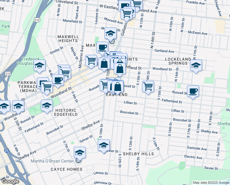 map of restaurants, bars, coffee shops, grocery stores, and more near 1006 Fatherland Street in Nashville
