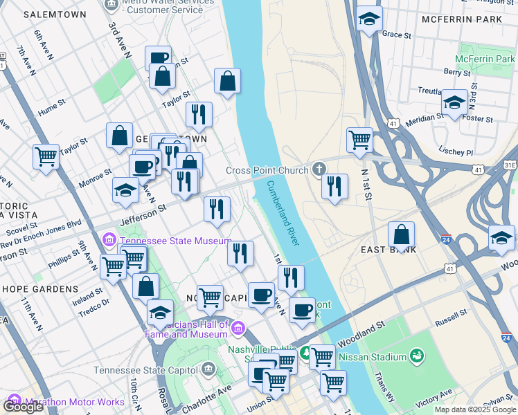 map of restaurants, bars, coffee shops, grocery stores, and more near 956 1st Avenue North in Nashville