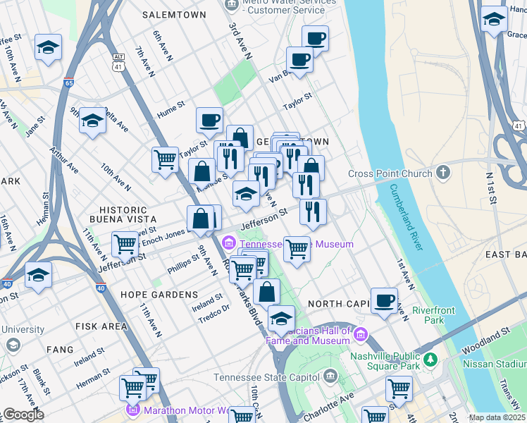 map of restaurants, bars, coffee shops, grocery stores, and more near in Nashville