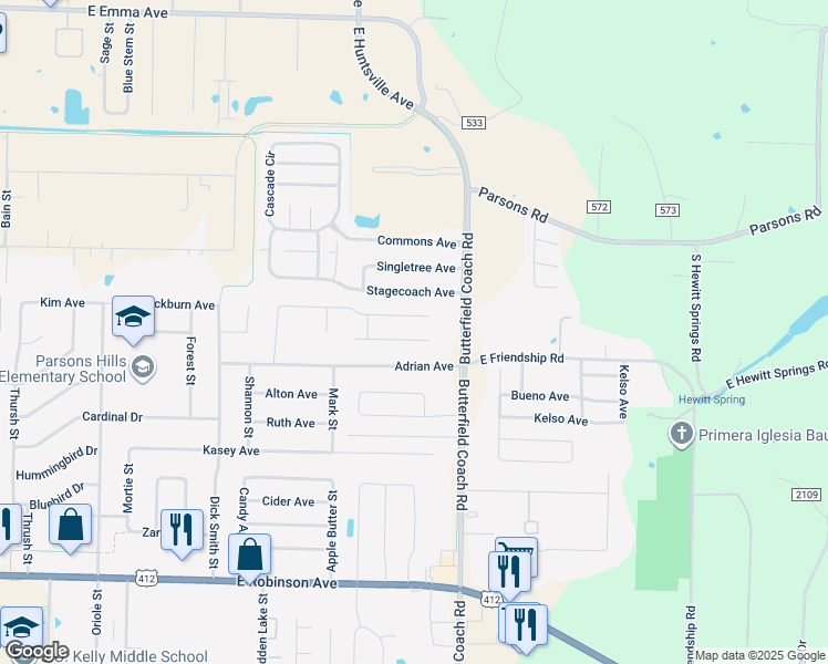 map of restaurants, bars, coffee shops, grocery stores, and more near 3091 Jerri Lane in Springdale