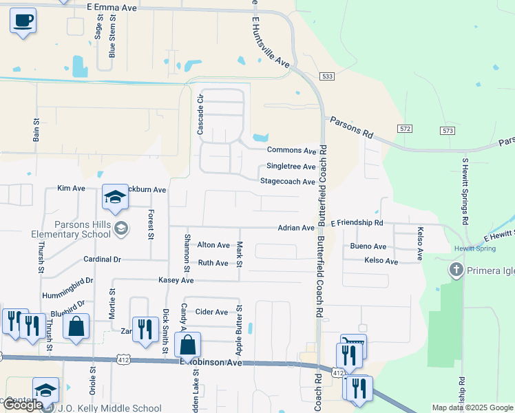 map of restaurants, bars, coffee shops, grocery stores, and more near 2967 Jerri Lane in Springdale