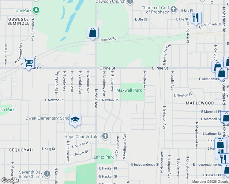 map of restaurants, bars, coffee shops, grocery stores, and more near 1316 North Braden Avenue in Tulsa