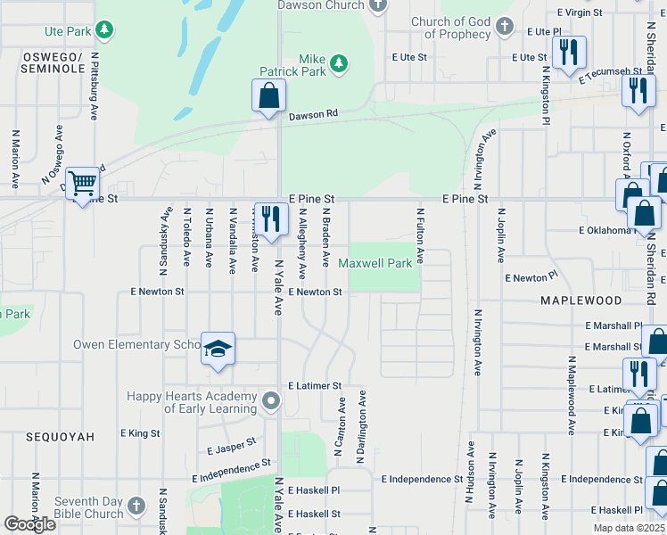 map of restaurants, bars, coffee shops, grocery stores, and more near 1316 North Braden Avenue in Tulsa