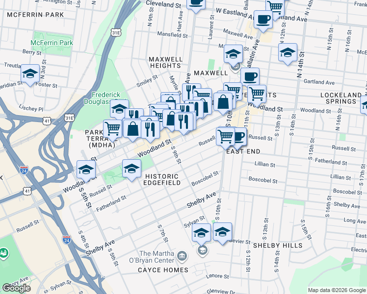 map of restaurants, bars, coffee shops, grocery stores, and more near 911 Russell Street in Nashville