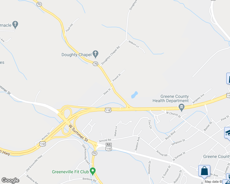 map of restaurants, bars, coffee shops, grocery stores, and more near 175 Lonesome Pine Trail in Greeneville