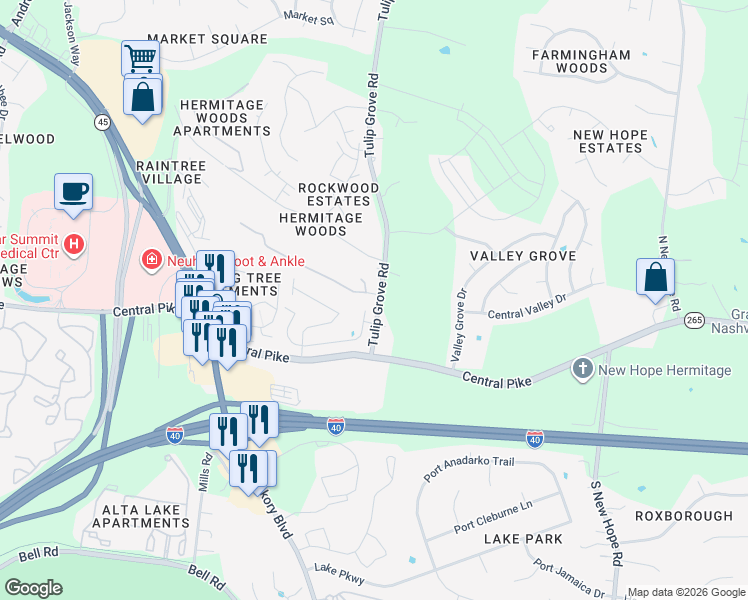map of restaurants, bars, coffee shops, grocery stores, and more near 1322 Tulip Grove Road in Nashville