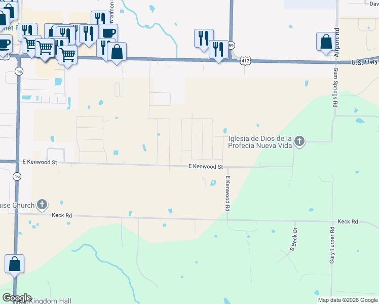 map of restaurants, bars, coffee shops, grocery stores, and more near 3901 East Kenwood Street in Siloam Springs