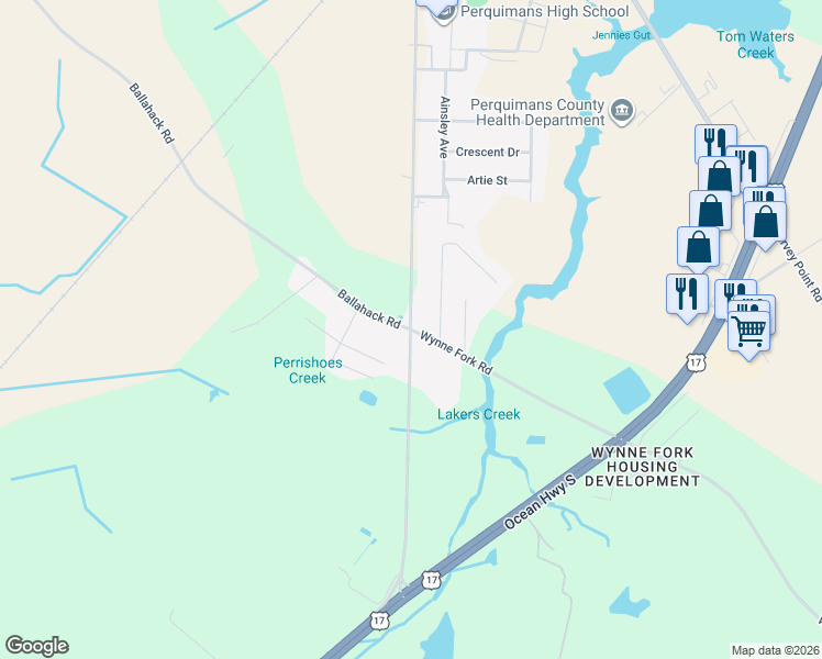 map of restaurants, bars, coffee shops, grocery stores, and more near 106 William Drive in Hertford