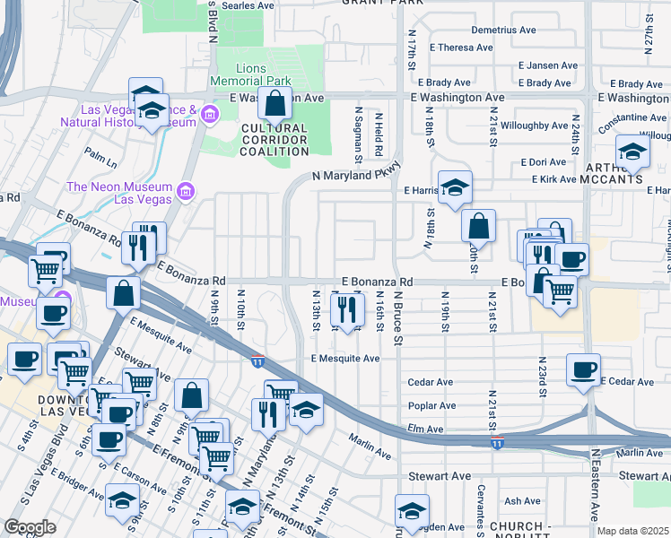map of restaurants, bars, coffee shops, grocery stores, and more near in Las Vegas