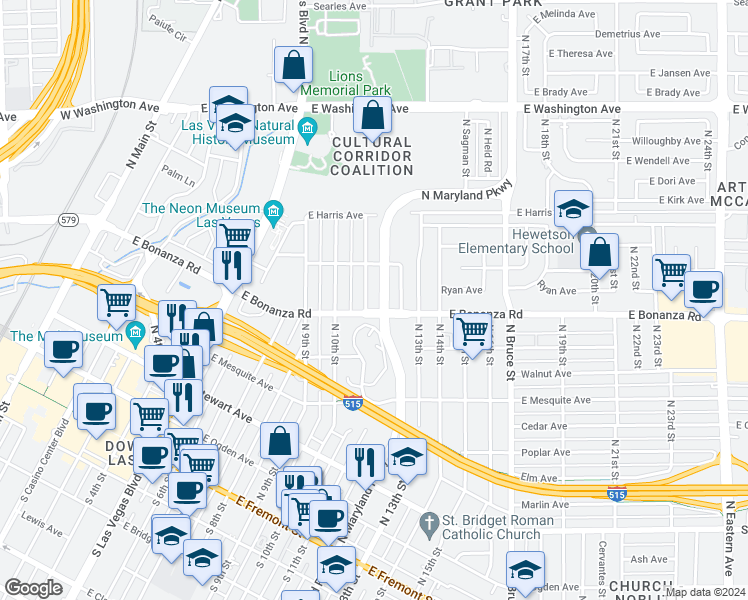 map of restaurants, bars, coffee shops, grocery stores, and more near in Las Vegas