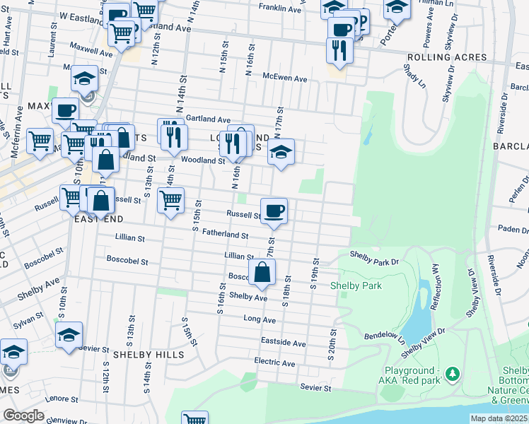 map of restaurants, bars, coffee shops, grocery stores, and more near 1618 Russell Street in Nashville