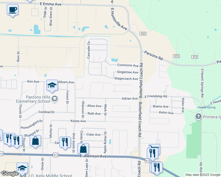 map of restaurants, bars, coffee shops, grocery stores, and more near 2967 Jerri Lane in Springdale