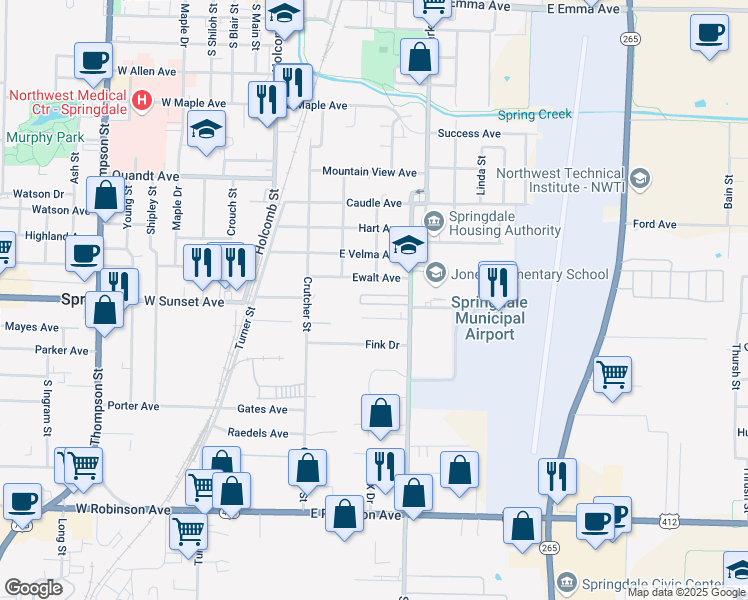 map of restaurants, bars, coffee shops, grocery stores, and more near 506 Charles Avenue in Springdale