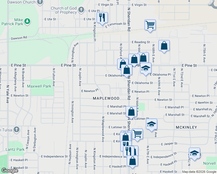 map of restaurants, bars, coffee shops, grocery stores, and more near 1327 North Norwood Avenue in Tulsa