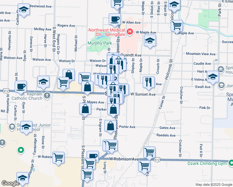 map of restaurants, bars, coffee shops, grocery stores, and more near in Springdale