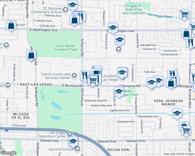 map of restaurants, bars, coffee shops, grocery stores, and more near 3602 East Bonanza Road in Las Vegas