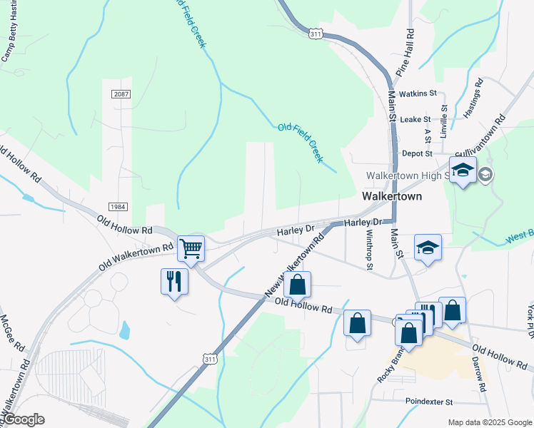 map of restaurants, bars, coffee shops, grocery stores, and more near 3525 Shirley Street in Walkertown
