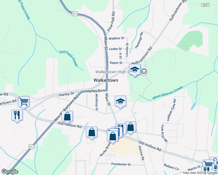 map of restaurants, bars, coffee shops, grocery stores, and more near 4971 Main Street in Walkertown
