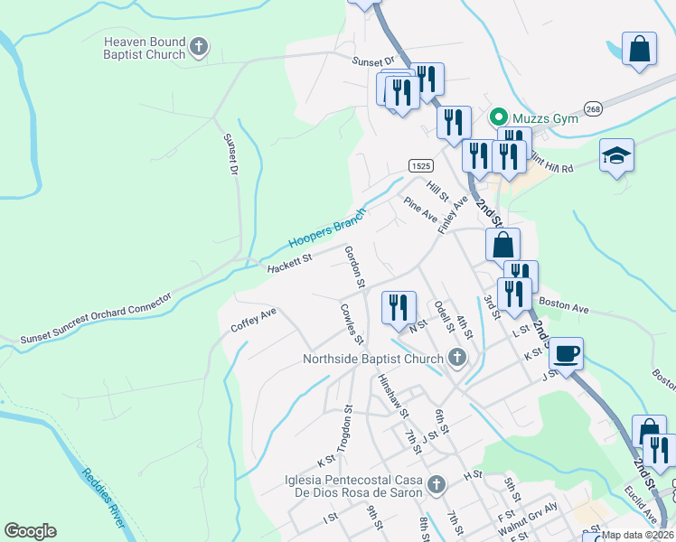 map of restaurants, bars, coffee shops, grocery stores, and more near 121 Pilson Street in North Wilkesboro