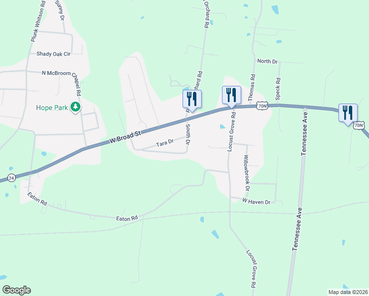 map of restaurants, bars, coffee shops, grocery stores, and more near 190 South Drive in Cookeville