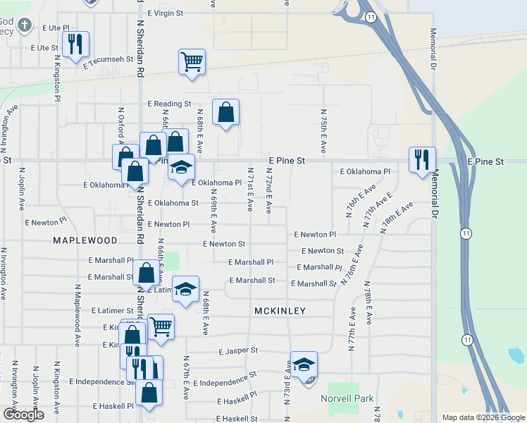 map of restaurants, bars, coffee shops, grocery stores, and more near 7207 East Newton Place in Tulsa