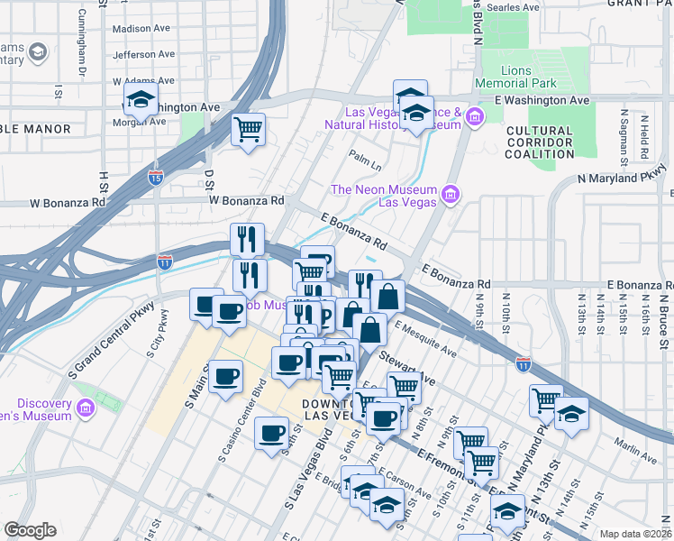map of restaurants, bars, coffee shops, grocery stores, and more near 486 North 4th Street in Las Vegas
