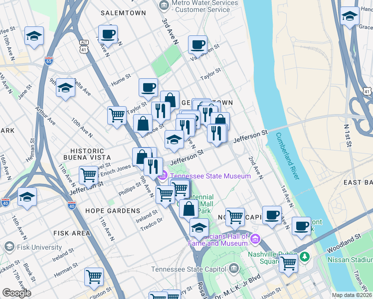 map of restaurants, bars, coffee shops, grocery stores, and more near 515 Madison Street in Nashville