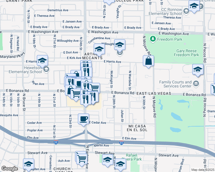 map of restaurants, bars, coffee shops, grocery stores, and more near 607 McKnight Street in Las Vegas