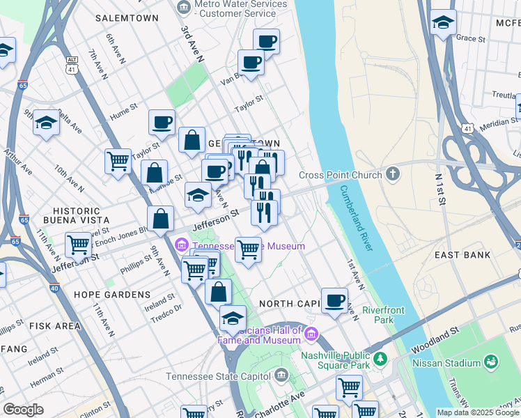 map of restaurants, bars, coffee shops, grocery stores, and more near 311 Jefferson Street in Nashville