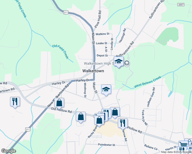 map of restaurants, bars, coffee shops, grocery stores, and more near 4971 Main Street in Walkertown