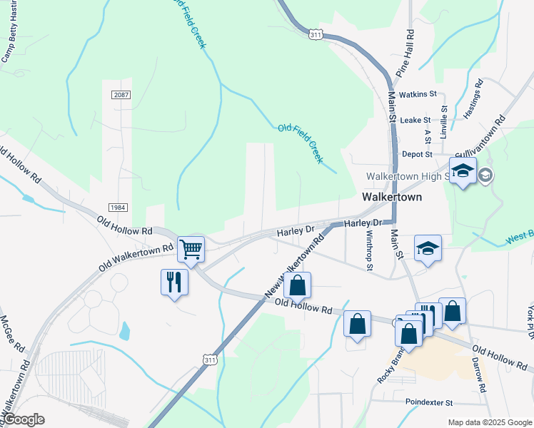 map of restaurants, bars, coffee shops, grocery stores, and more near 3525 Shirley Street in Walkertown