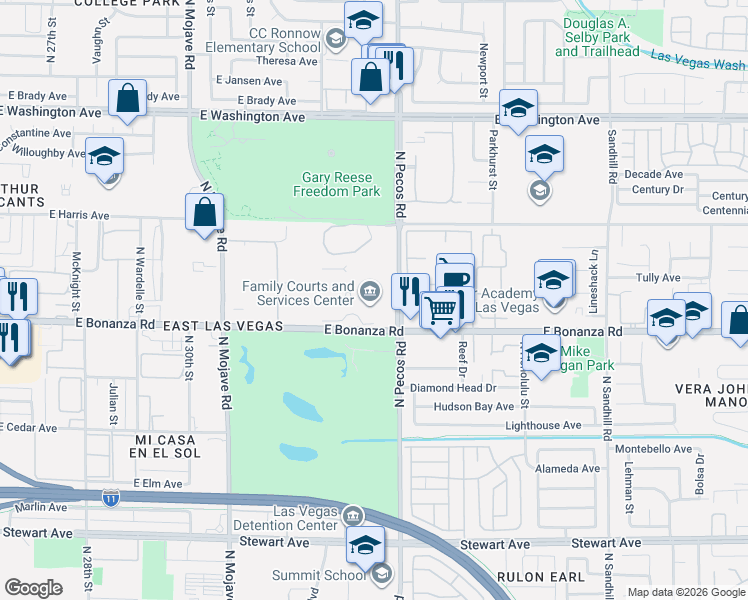 map of restaurants, bars, coffee shops, grocery stores, and more near 601 North Pecos Road in Las Vegas
