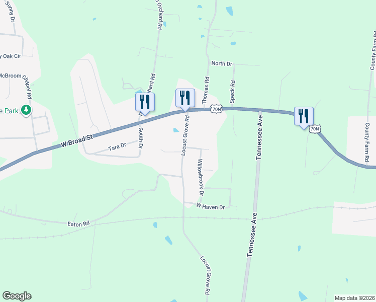 map of restaurants, bars, coffee shops, grocery stores, and more near 300 Locust Grove Road in Cookeville