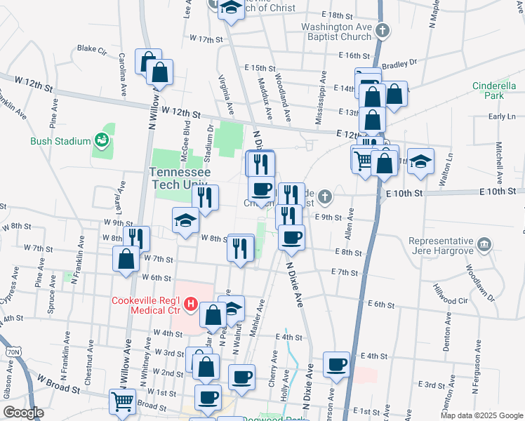 map of restaurants, bars, coffee shops, grocery stores, and more near 1 William L Jones Drive in Cookeville